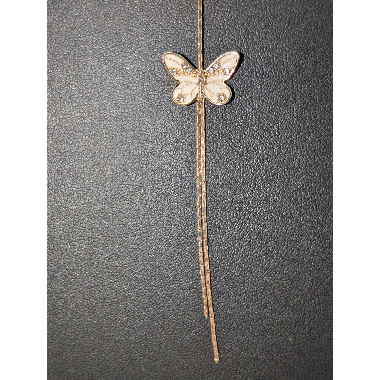 Jessica Simpson Gold Tone Two White Sparkle Butterfly Tassel 16"-19" Necklace