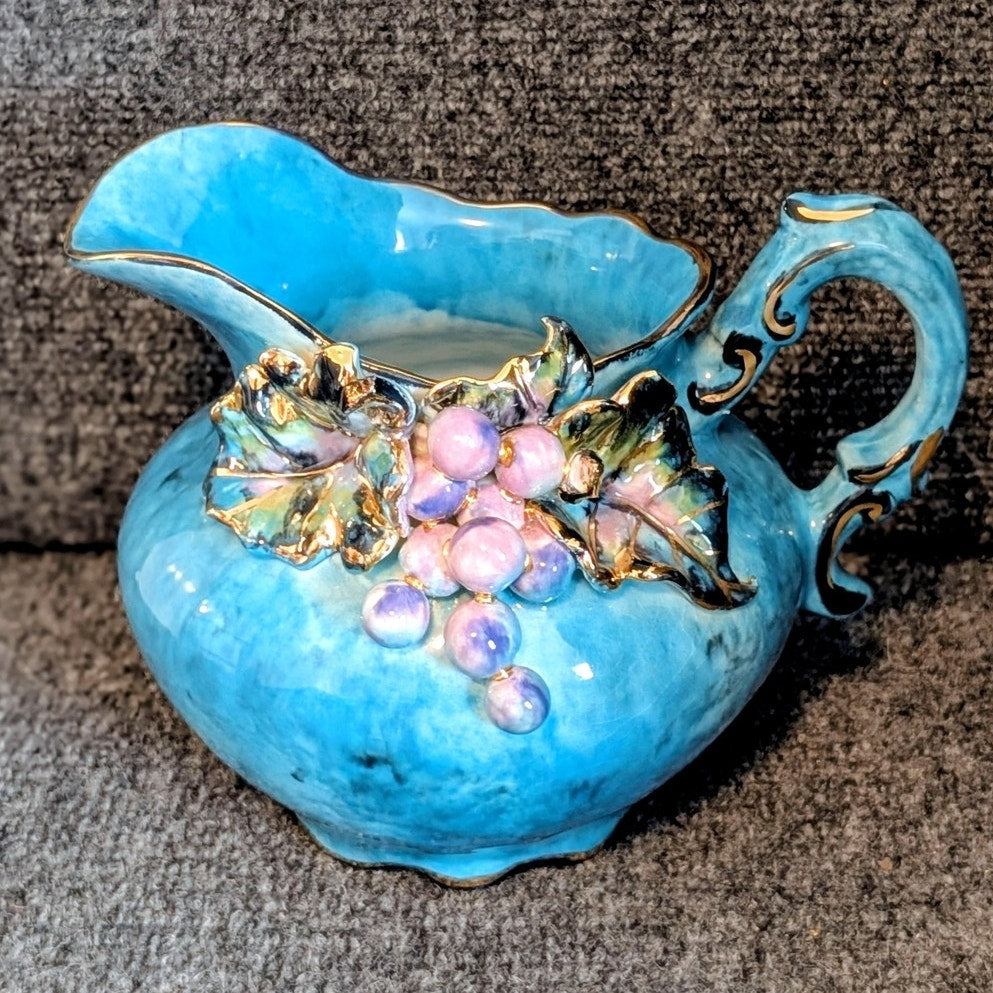 Vintage/Antique Blue Painted Gilt Edge 3D Grape Design Pitcher