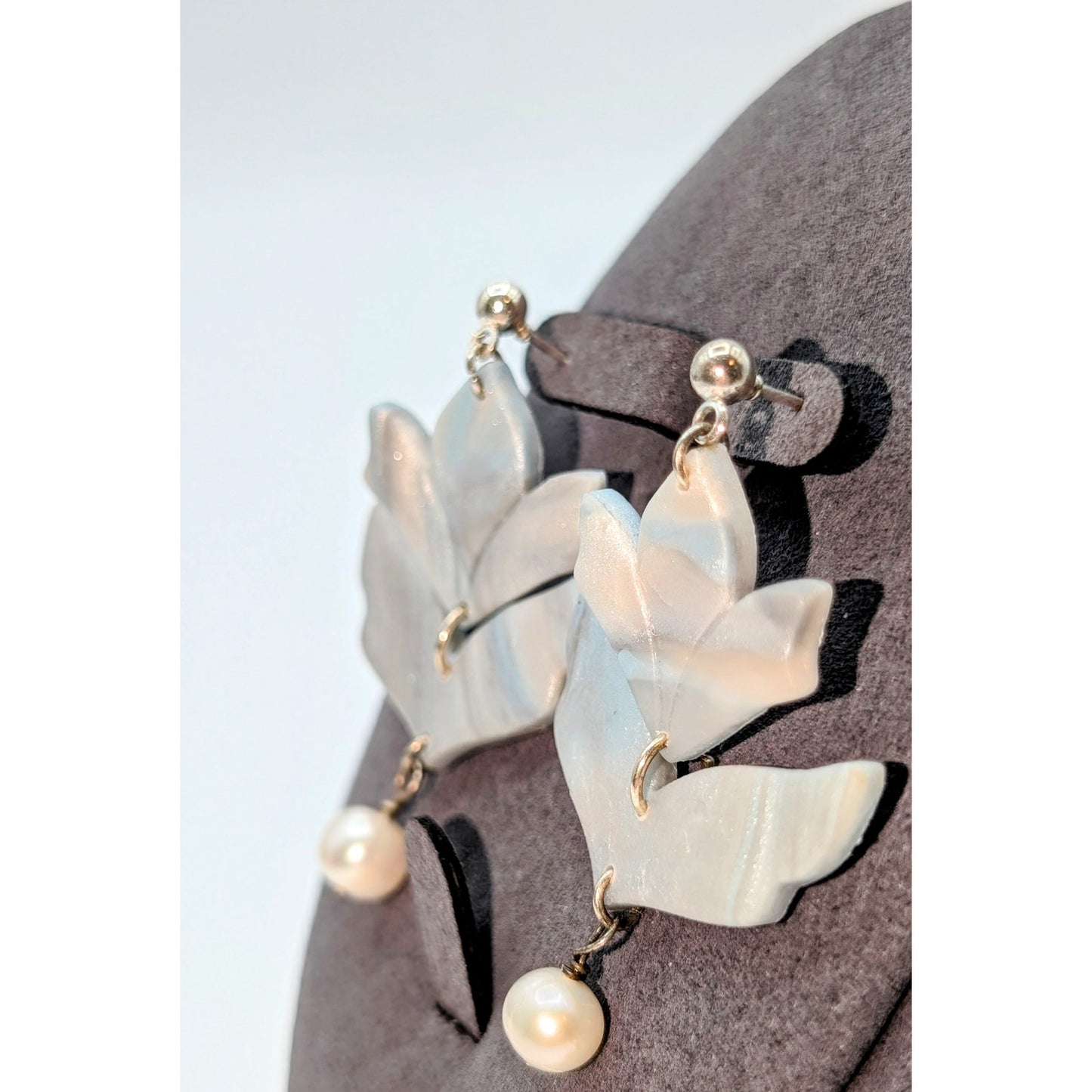 Blue Gray Sheen Polymer Clay Leaf 925 Sterling Genuine Pearl Dangle Earrings