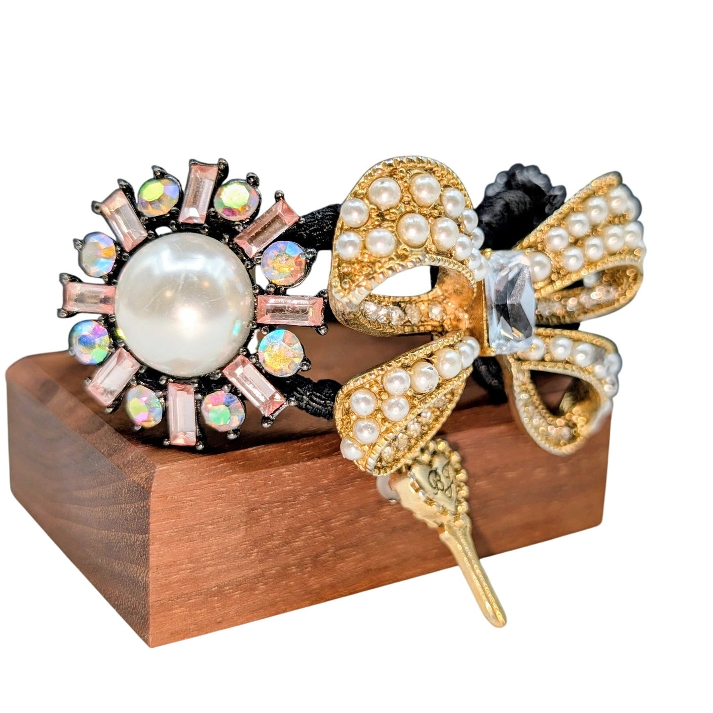 Betsey Johnson Faux Pearl Rhinestone Embellished Bow Hinged Cuff Bracelet