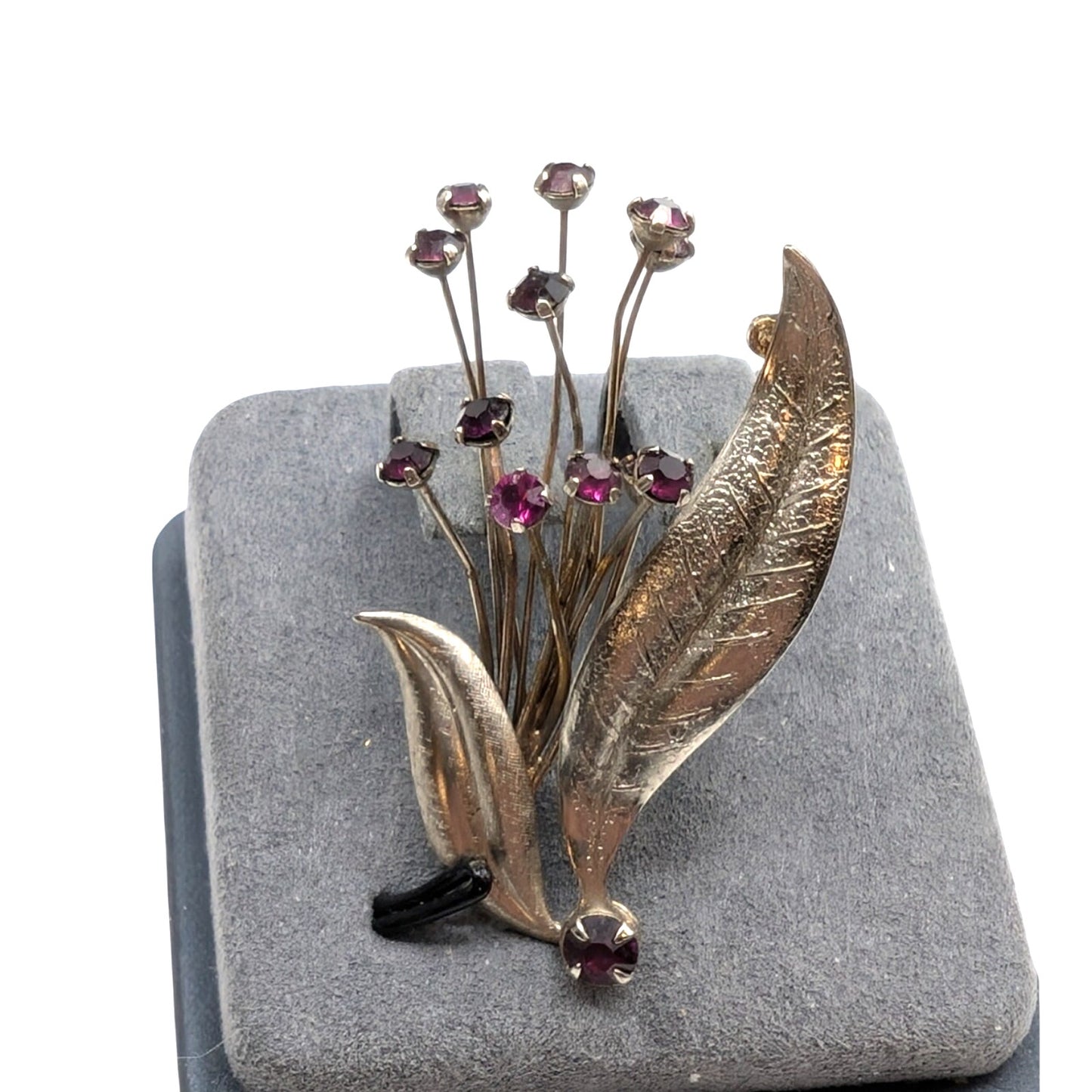 Vintage Garnet Rhinestone Spray of Wire Flowers & Leaves Silver Tone Brooch