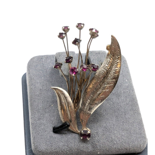 Vintage Garnet Rhinestone Spray of Wire Flowers & Leaves Silver Tone Brooch