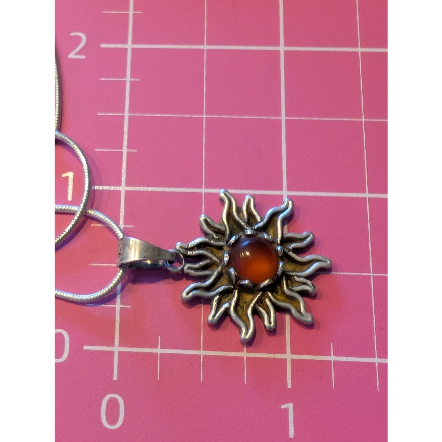 Vtg 925 Sterling Silver Amber Color Stone Sunburst Pendant 16" Chain Necklace
