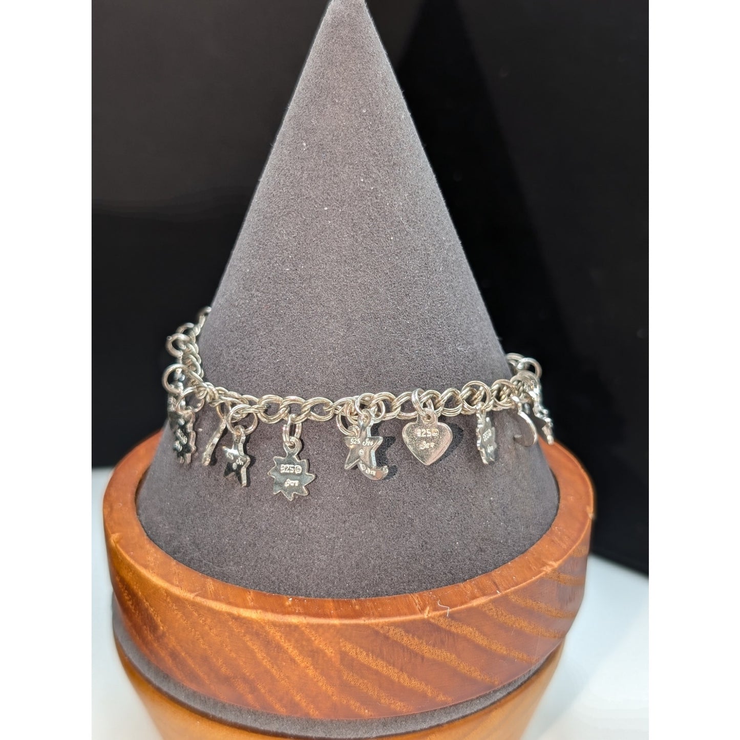 Vintage 925 Italy Sterling Silver Star Crescent Moon Flower Heart Charm Bracelet