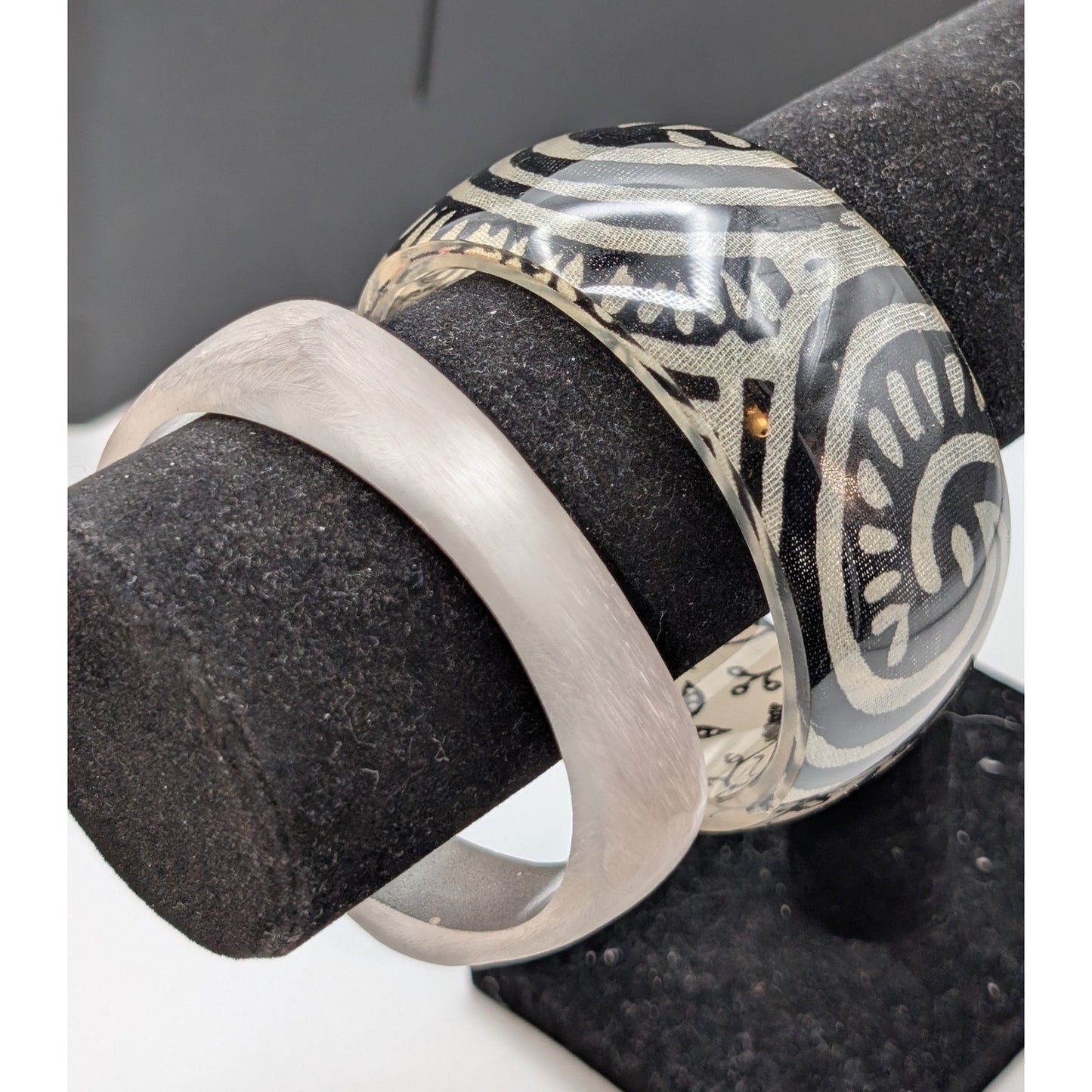 Lot of Two Vintage Black & Frosty White/Silver Bangle Lucite Bracelets