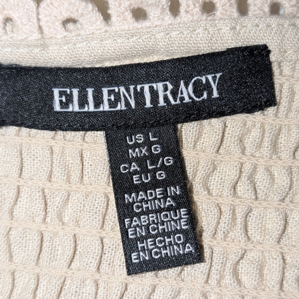 Ellen Tracy Ecru Linen Blend Smock Back Hem & Sleeve Trimmed V-Neck Crop Top L