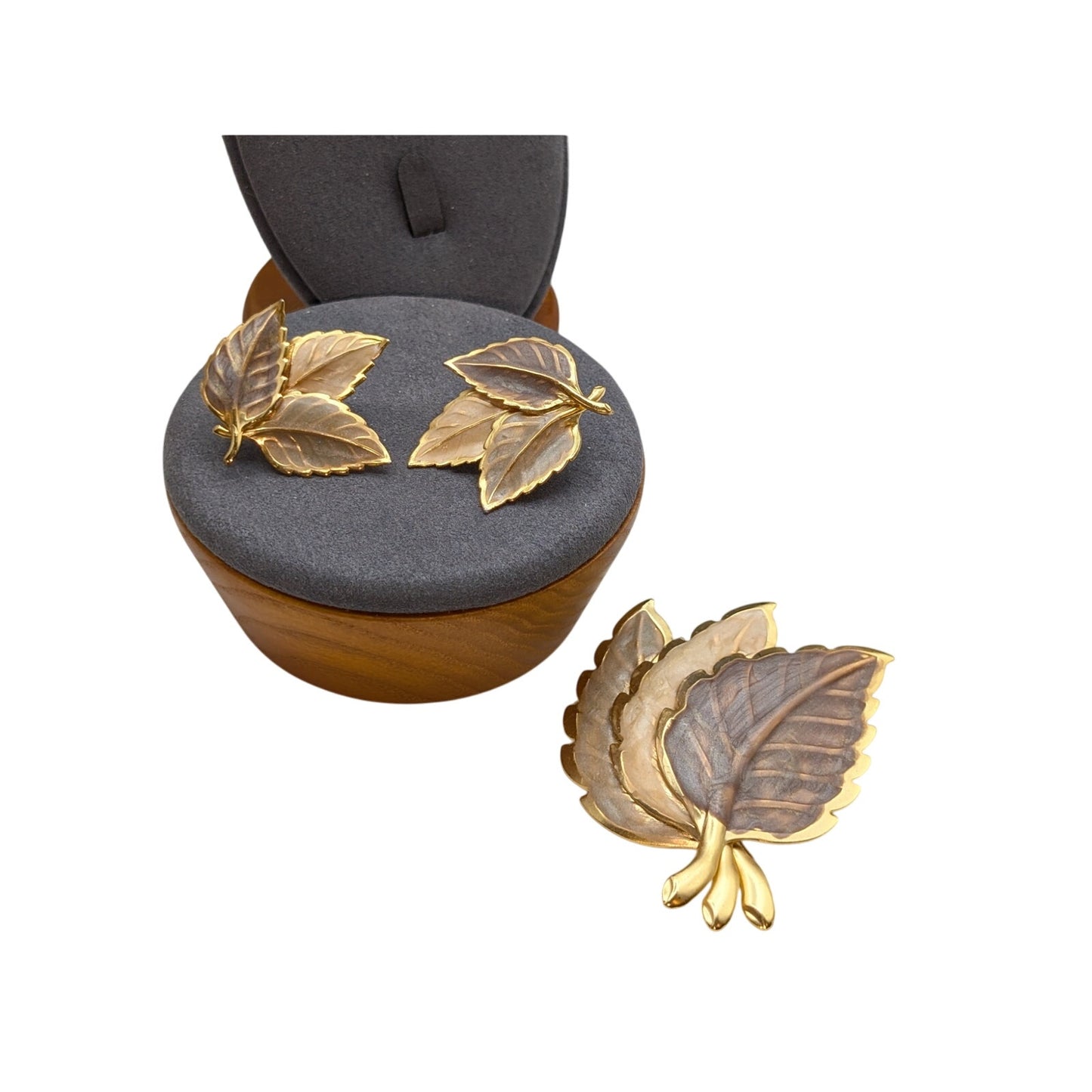 Gold Tone Metal & Neutral Painted Autumn Leaves Brooch & Pierced Earring Set