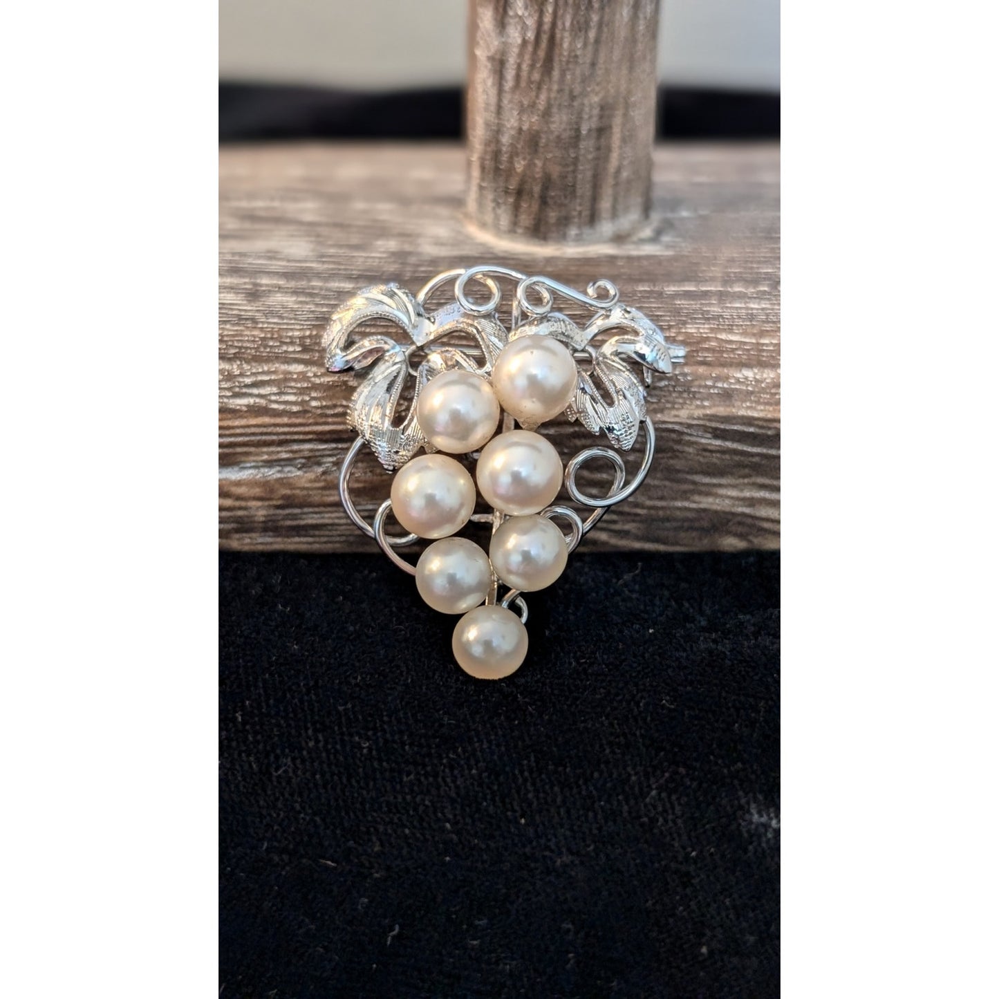 Marked Silver Vintage Seven Cultivated Pearl Grapes on Branch Pendant Brooch