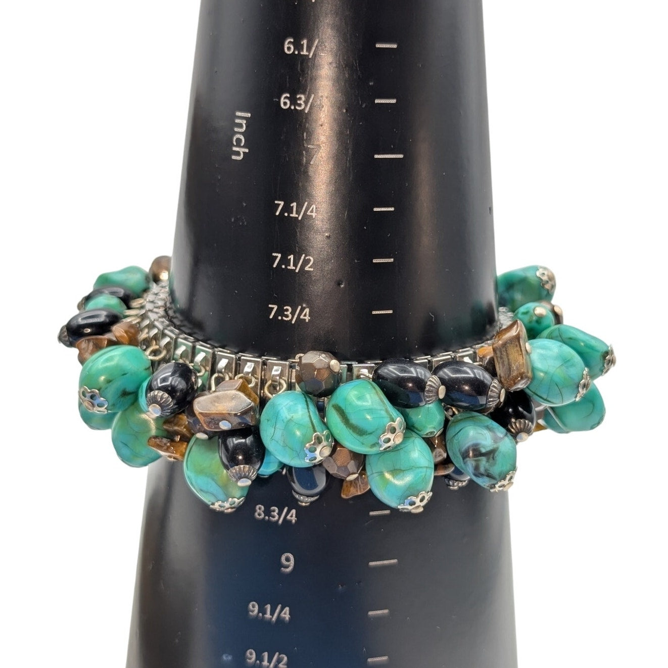 Turquoise & Black Acrylic Bead & Tiger's Eye Stone Chip Stretch Cha Cha Bracelet