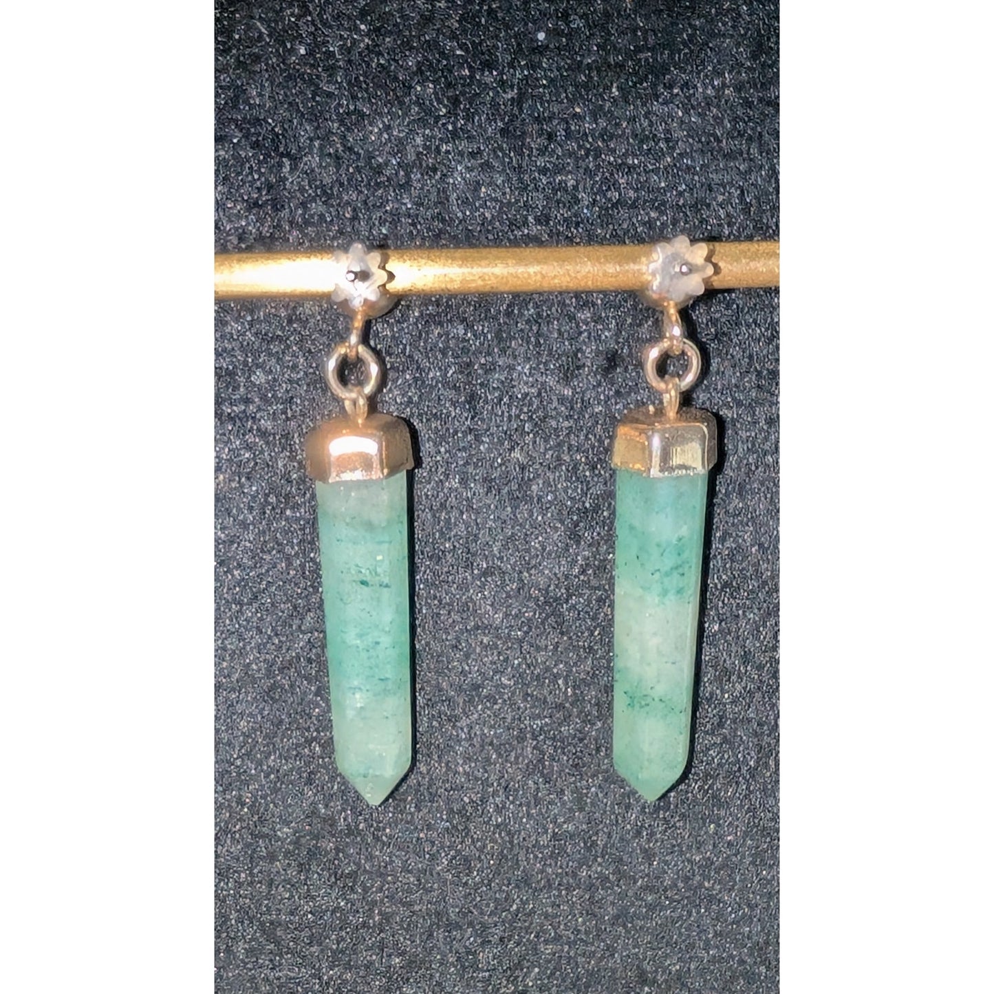 Vintage Green Adventurine Prism Gold Tone Dangle Post Earrings