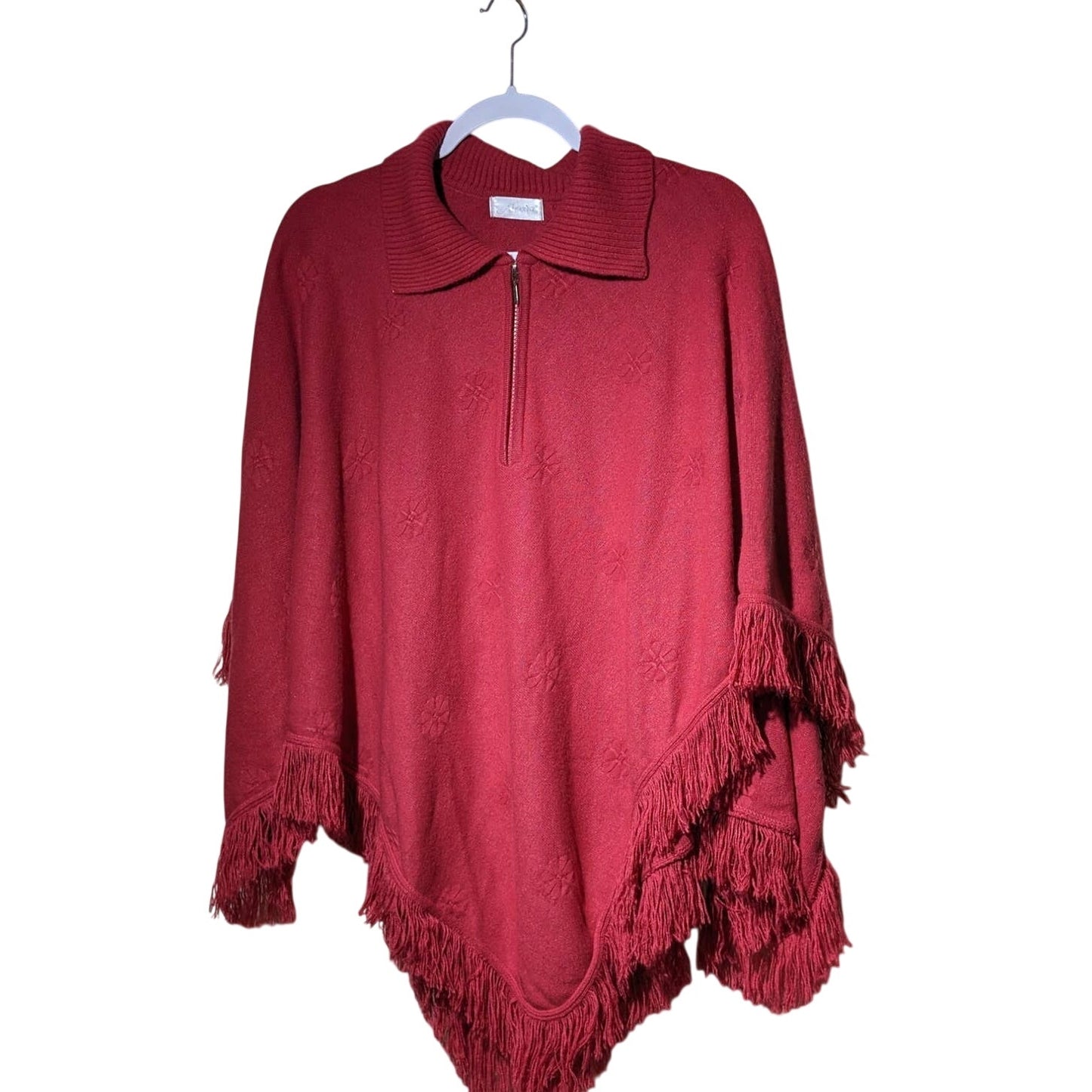 Alexia Brick Quarter Zip Ribbed Collar Fringe Knit Poncho One Size Fits Most