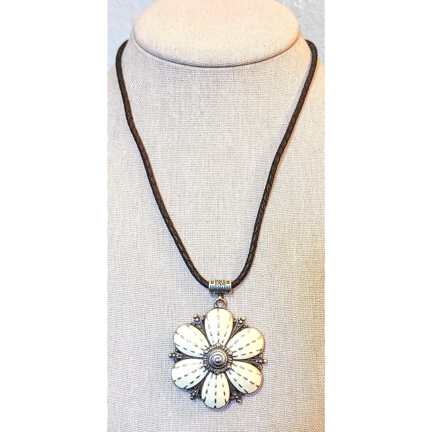BRIGHTON Retired Rare Cream Enamel Flower Pendant Braided Leather Necklace