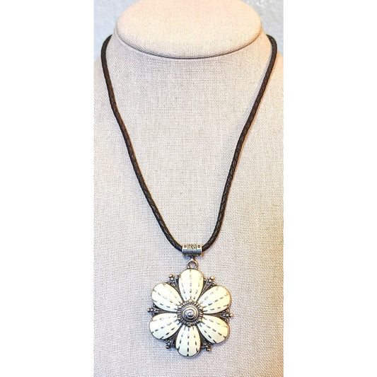 BRIGHTON Retired Rare Cream Enamel Flower Pendant Braided Leather Necklace