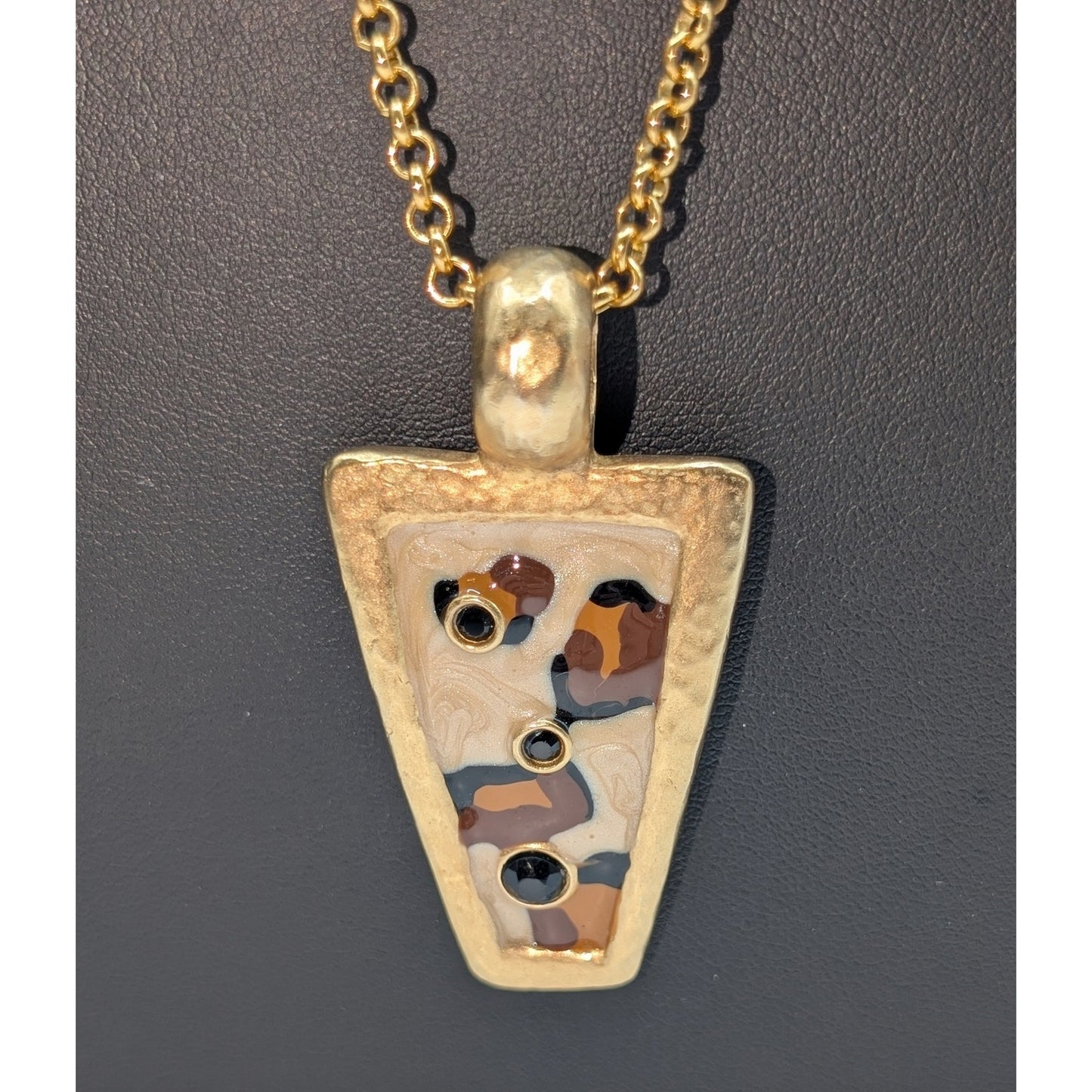Hammered Gold Tone Animal Enamel Bezel Set Rhinestone Pendant 30" Necklace