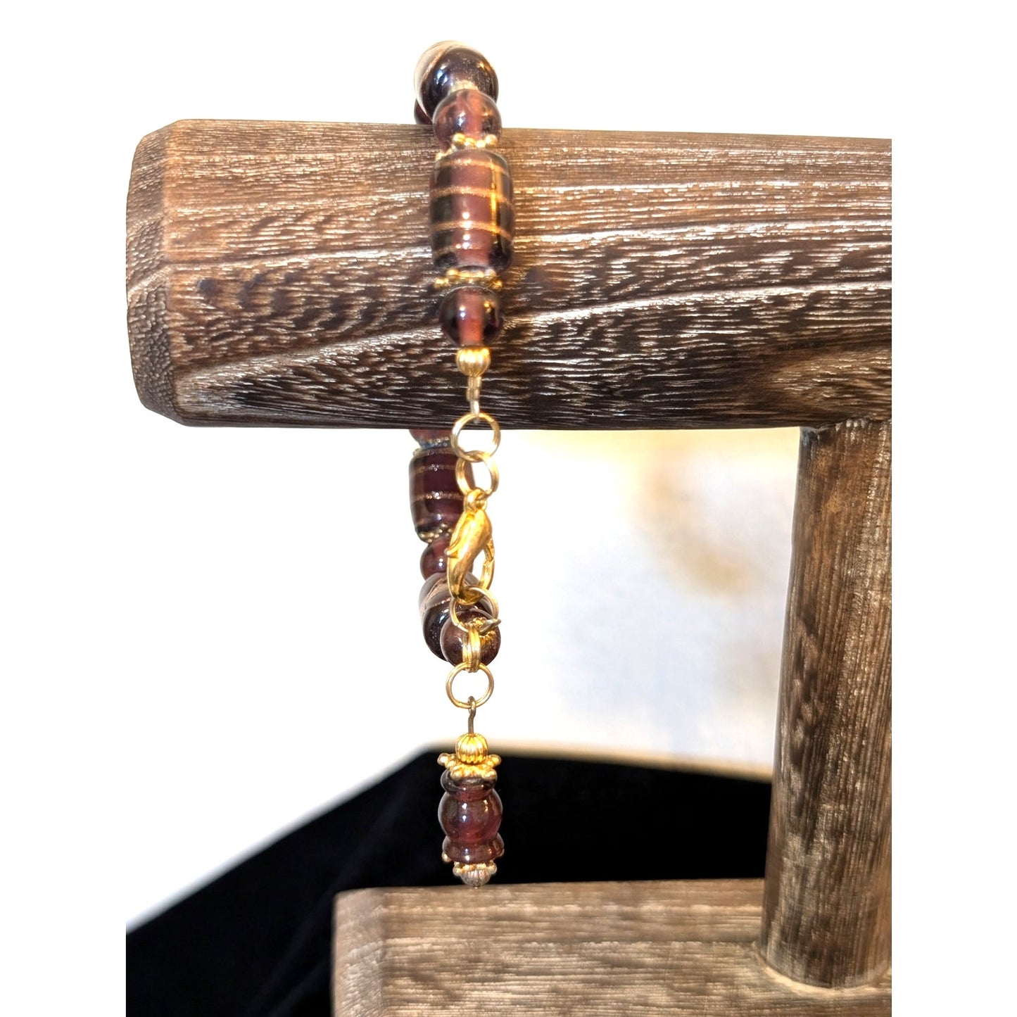 Gold Foil Purple Glass Artisan Beaded Bracelet W/ Bead Dangle