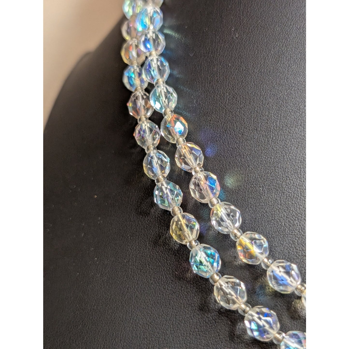 Vintage Aurora Borealis Faceted Crystal Double Strand Box Clasp 20" Necklace