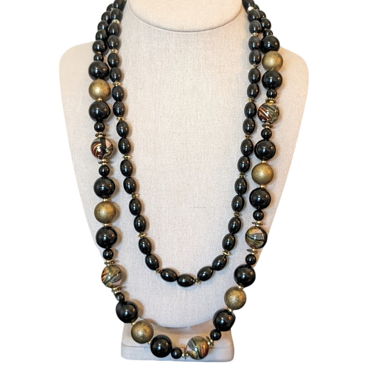 Two Black/Gold & Painted Beaded Vintage 24" & 28" Necklaces