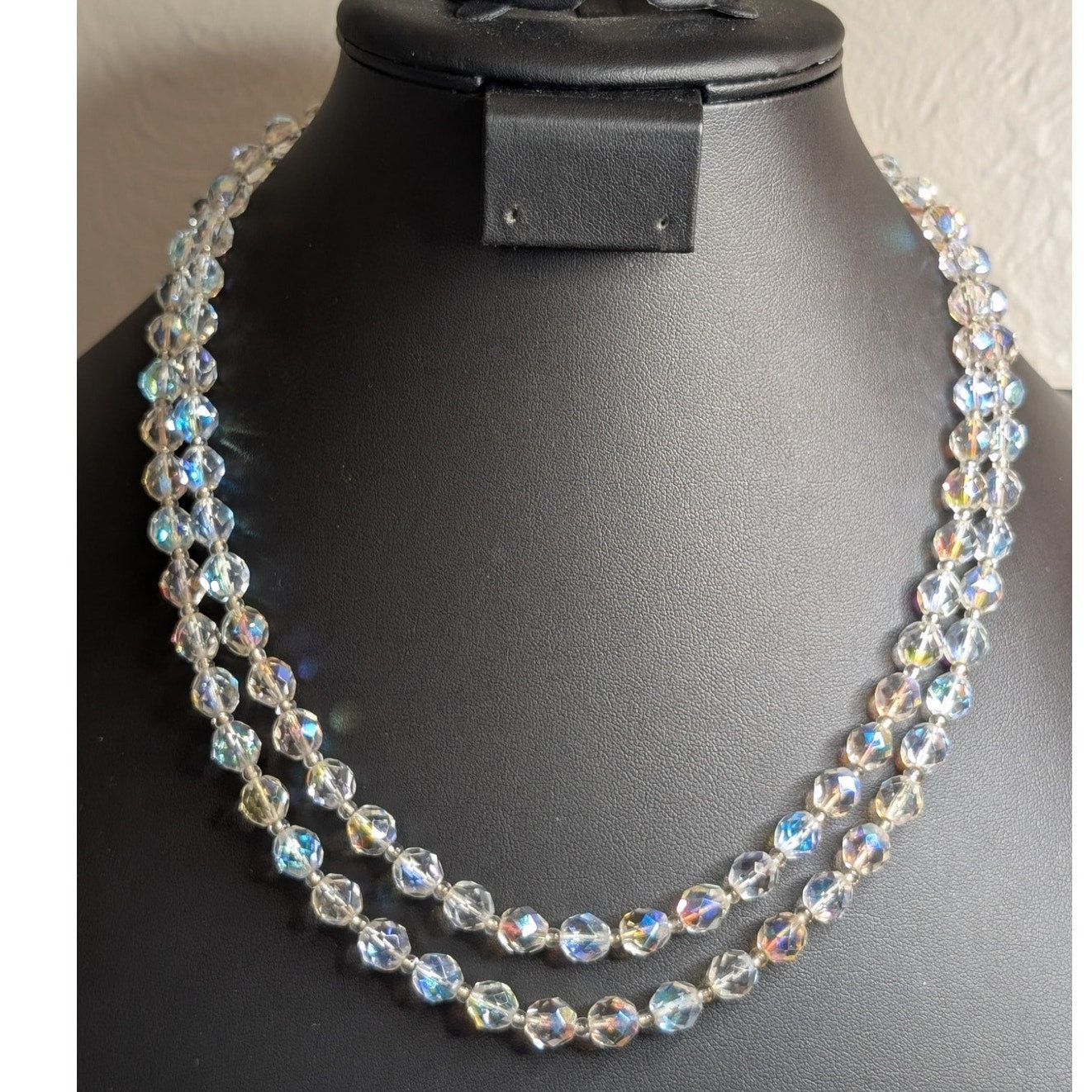 Vintage Aurora Borealis Faceted Crystal Double Strand Box Clasp 20" Necklace
