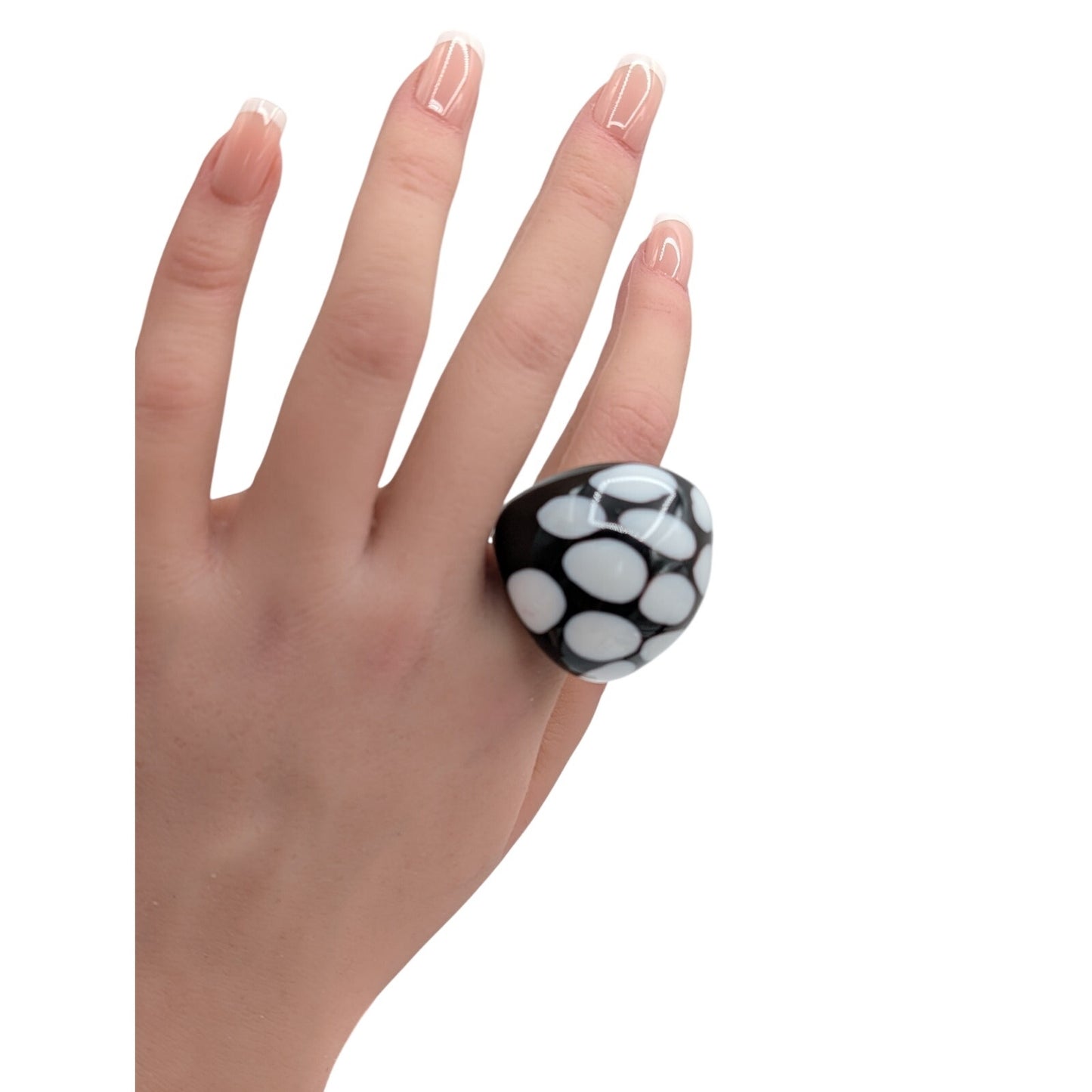 Chunky Black Polka Dot Lampwork Glass Dome Ring Size 6