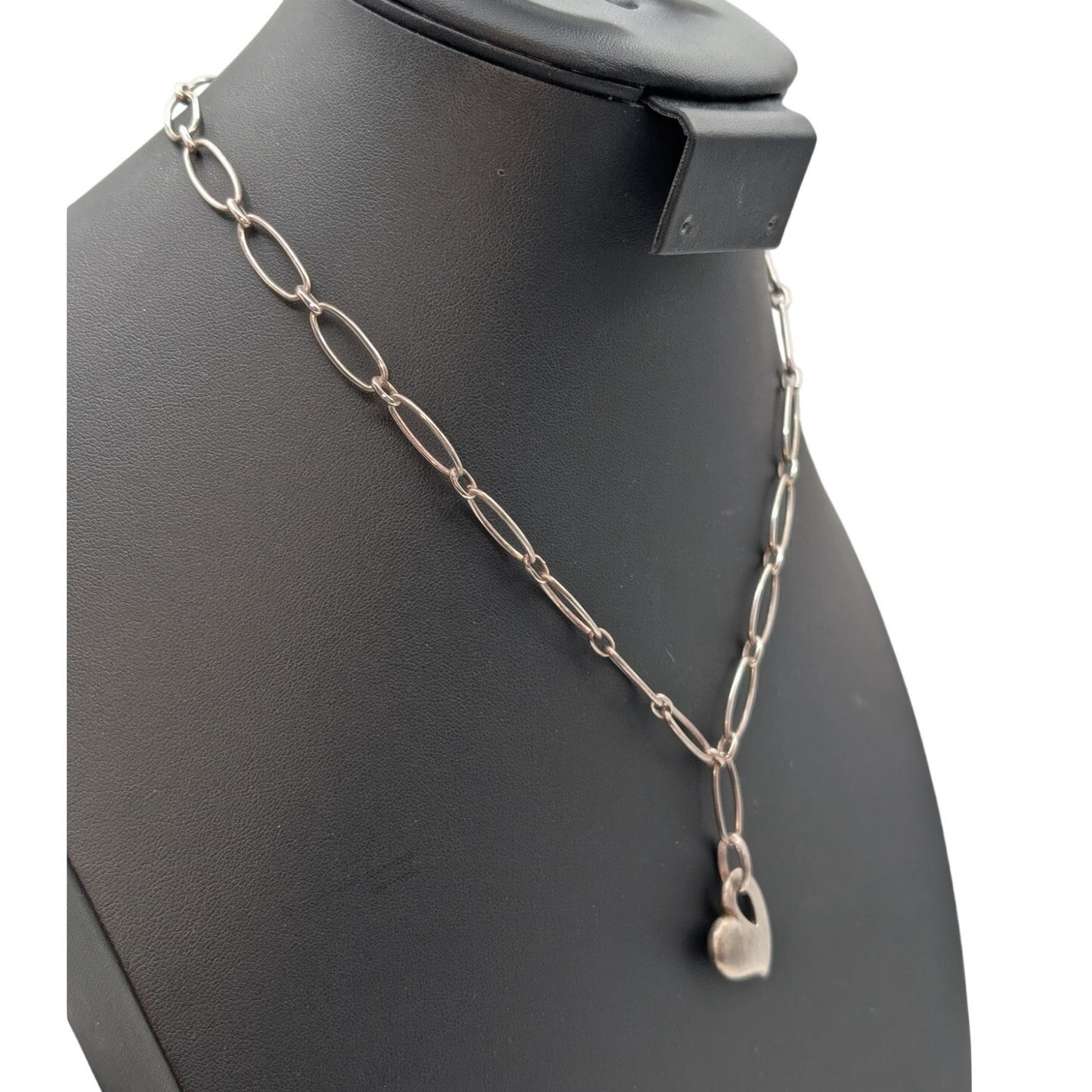 Vintage 925 Sterling Silver Heart Dangle Charm Oval Link Chain 18.25" Necklace