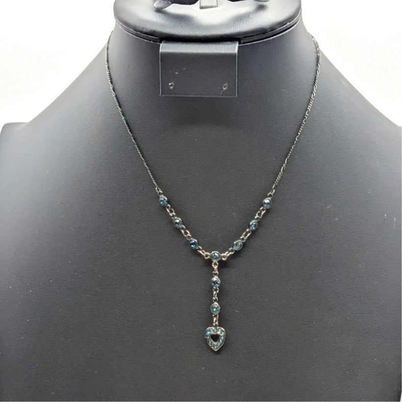 Gun Metal 'Y' Drop Blue Austrian Crystal U.S.A. Heart Chain 16" Necklace