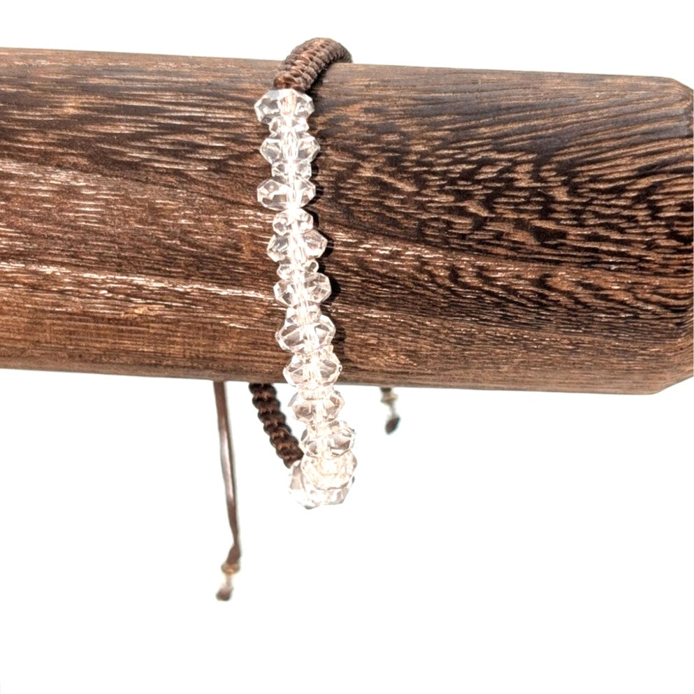 Glass Crystal Beaded Brown Cord Adjustable Cord Bracelet