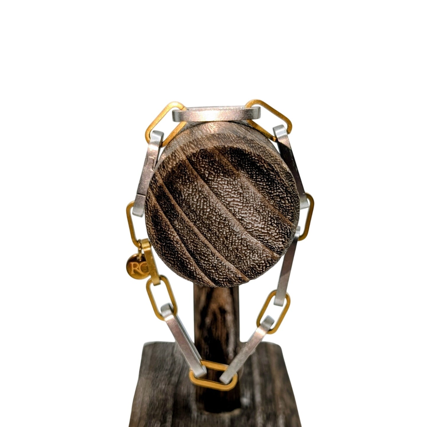 RC Rustic Cuff Bracelet Oval Bar Link Signed Two Tone Metal Bracelet