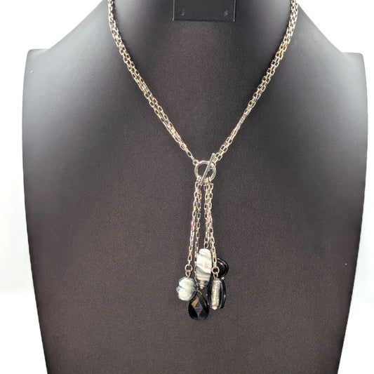 Silver Tone Double Square Link Chain Front Toggle Glass Bead Tassel 17" Necklace