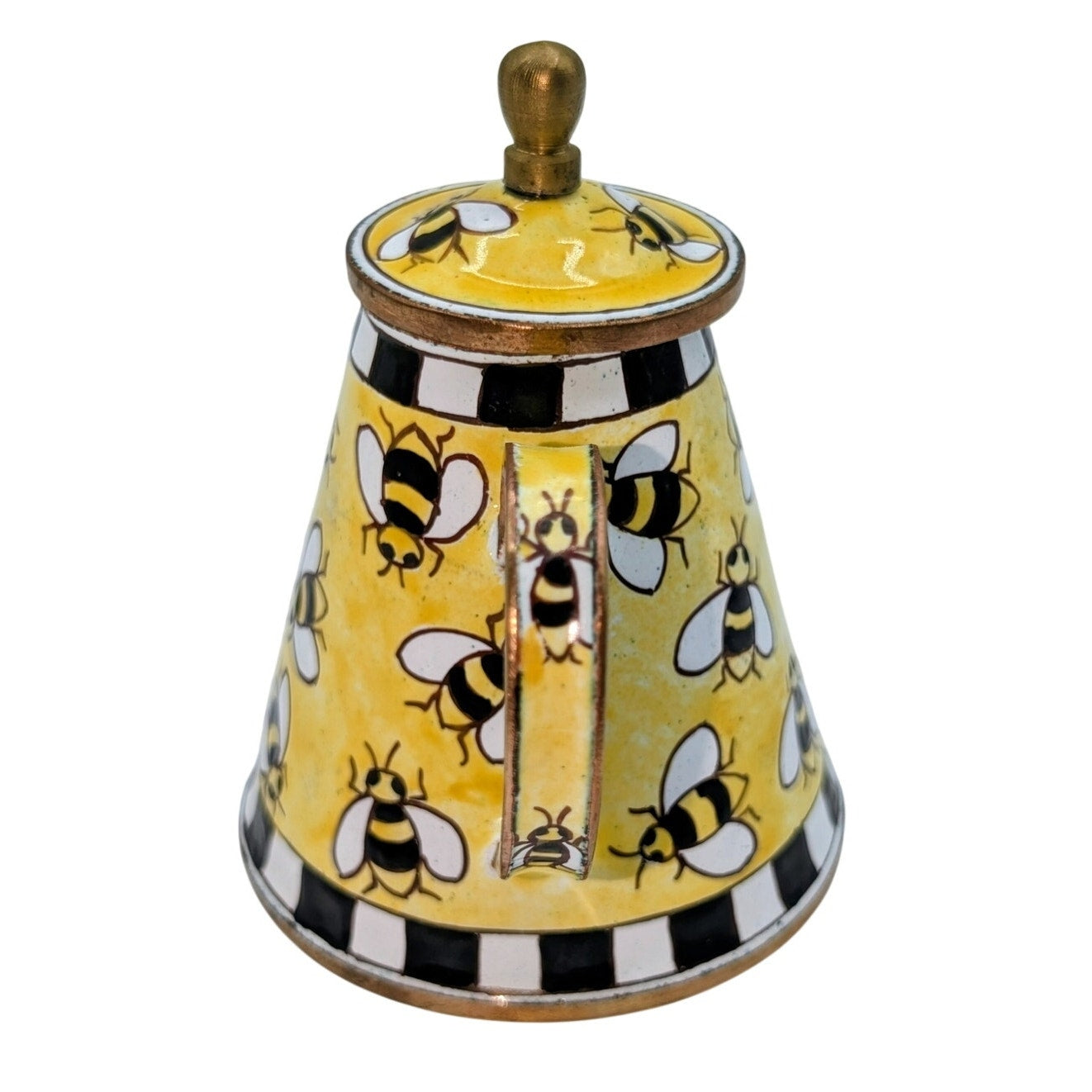 Vtg Miniature 3.5" Enameled Hand Painted Bumble Bee Brass Collectible Teapot