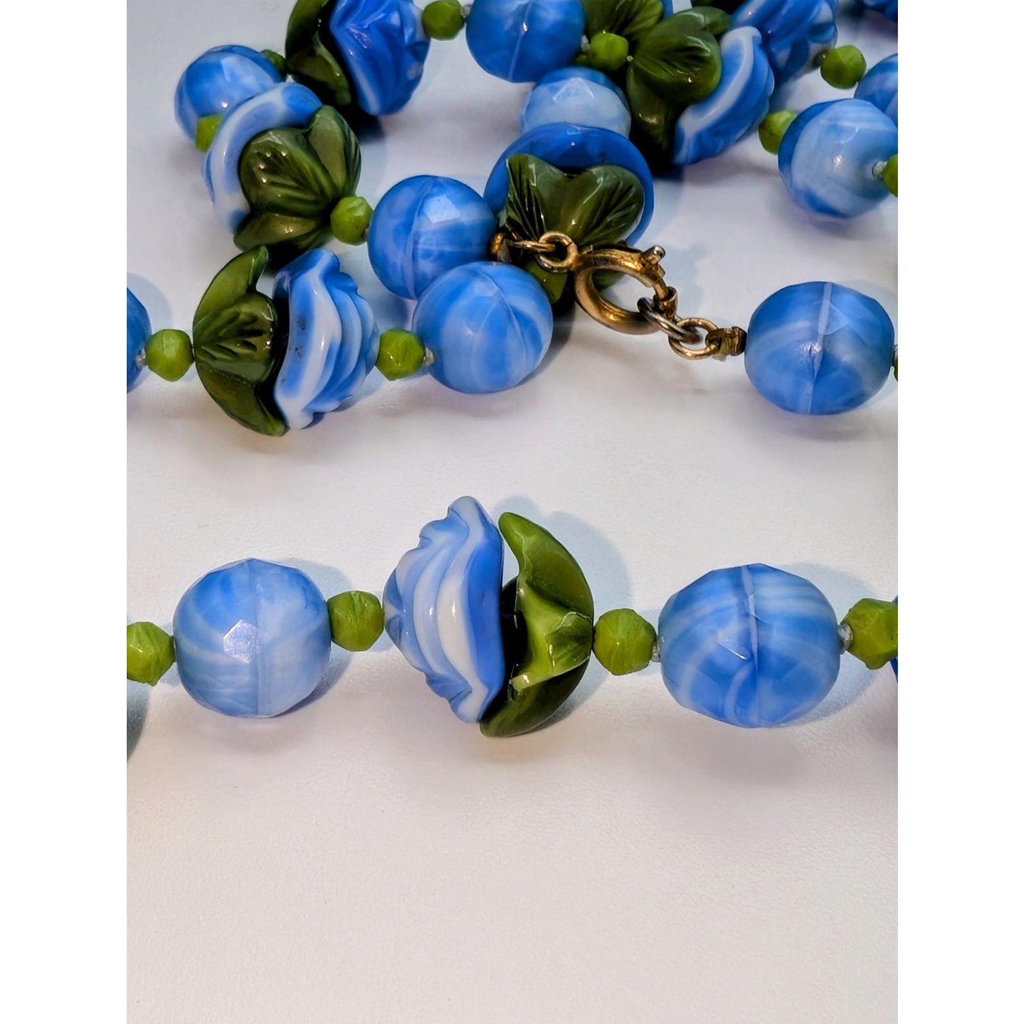 Vintage Art Deco Blue Green Slag Glass Flower Bead Long 50" Necklace