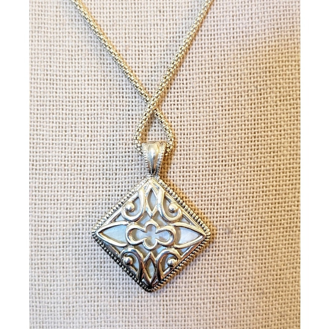 Sterling Silver Two-Sided Mother of Pearl Filigree Pendant Mesh Chain Necklace