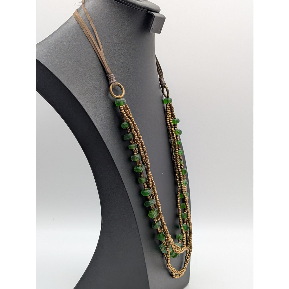Boho Multi-Strand Leather Cord Bronze Seed Bead & Green Sea Glass Bead Necklace