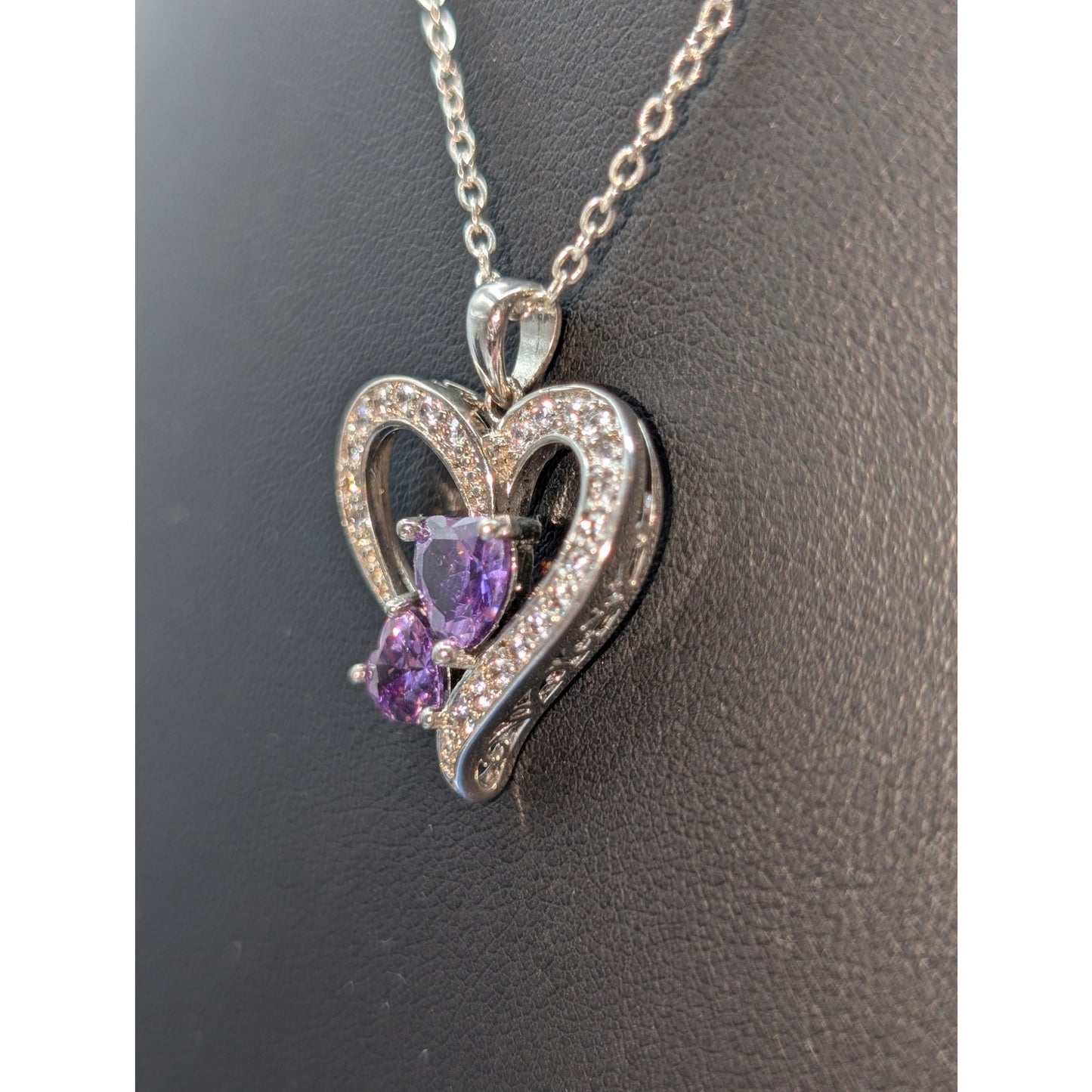Two Purple Crystal Hearts Within A CZ Studded Heart Silver Tone Pendant Necklace