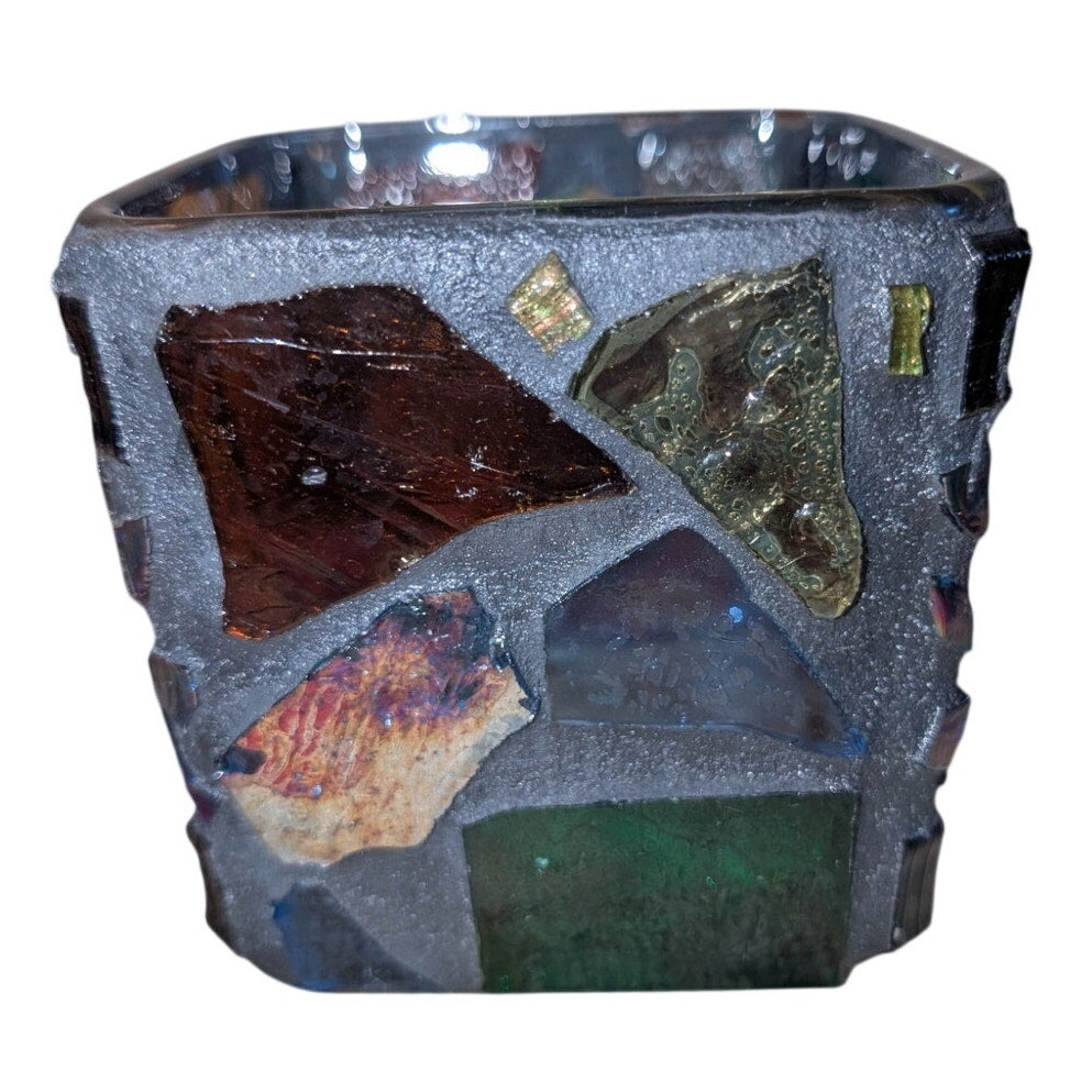 Vintage Mid-Century Brutalist Made in Mexico Stained Glass Mosaic Candle Holder