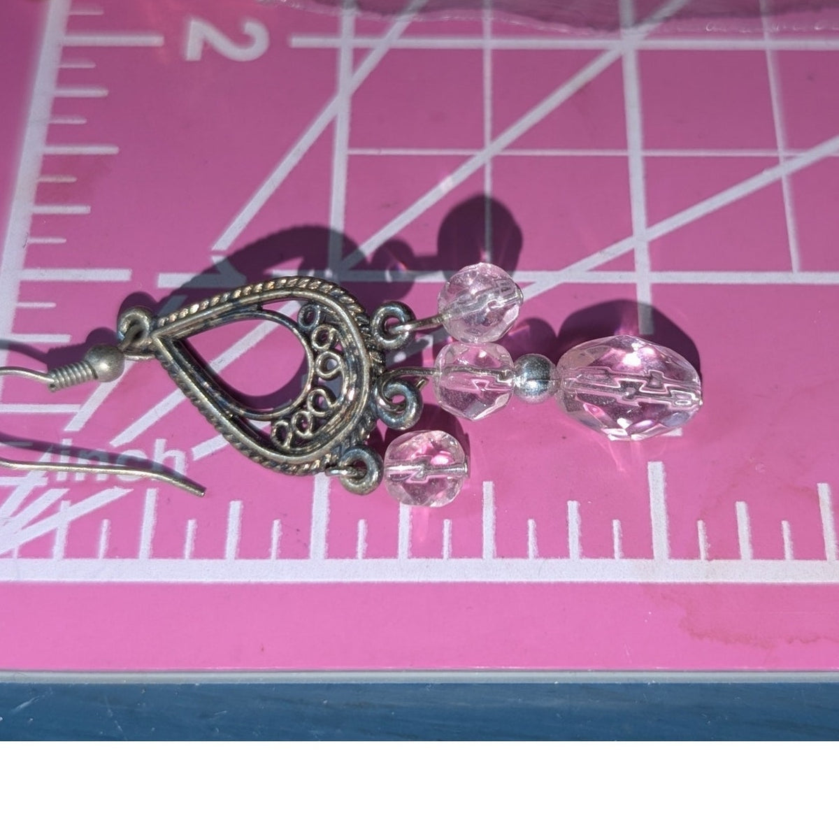 Antiqued Gold Tone Filigree Teardrop Pale Pink Crystal Dangle Earrings