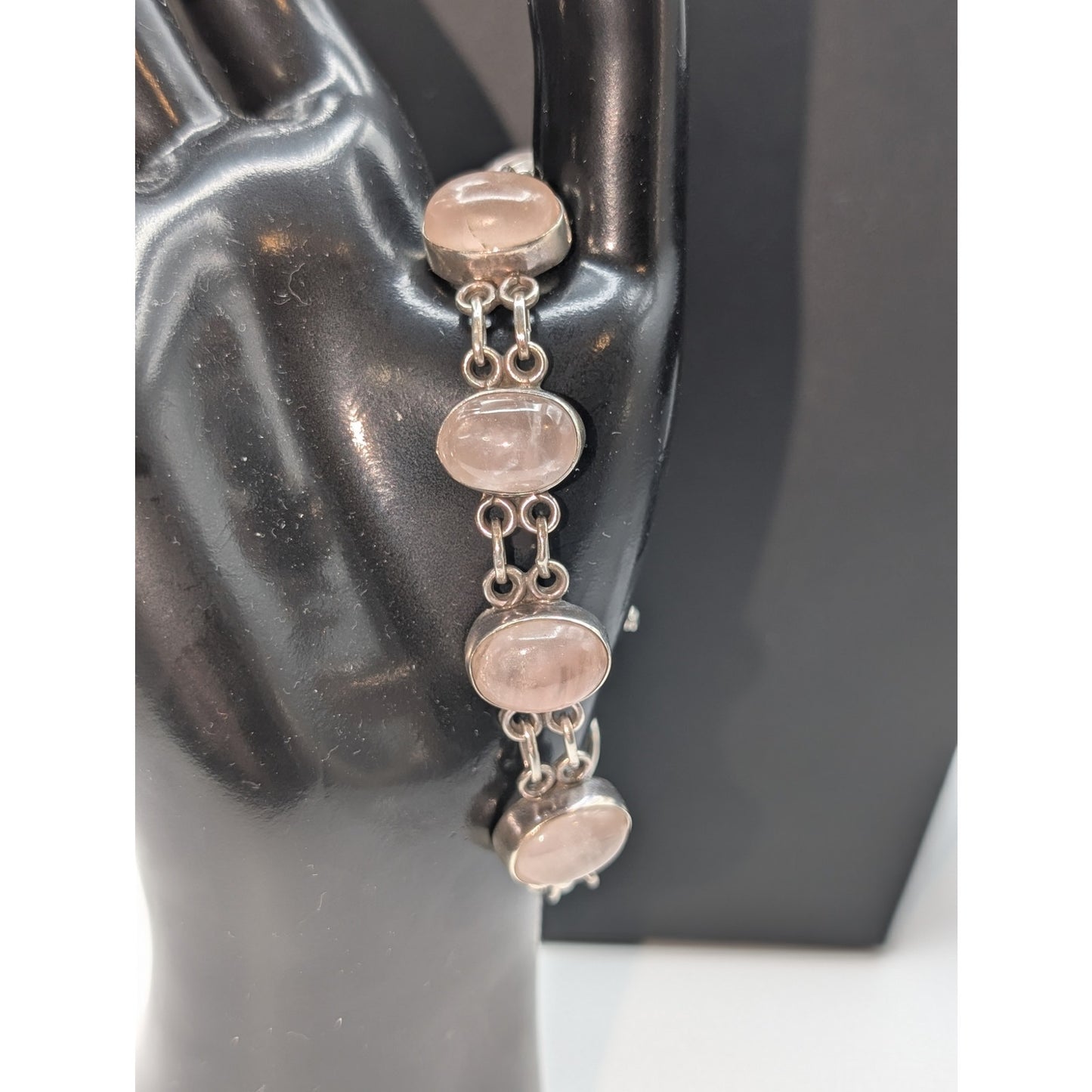Vintage 925 Sterling Silver Rose Quartz Toggle Clasp Bracelet