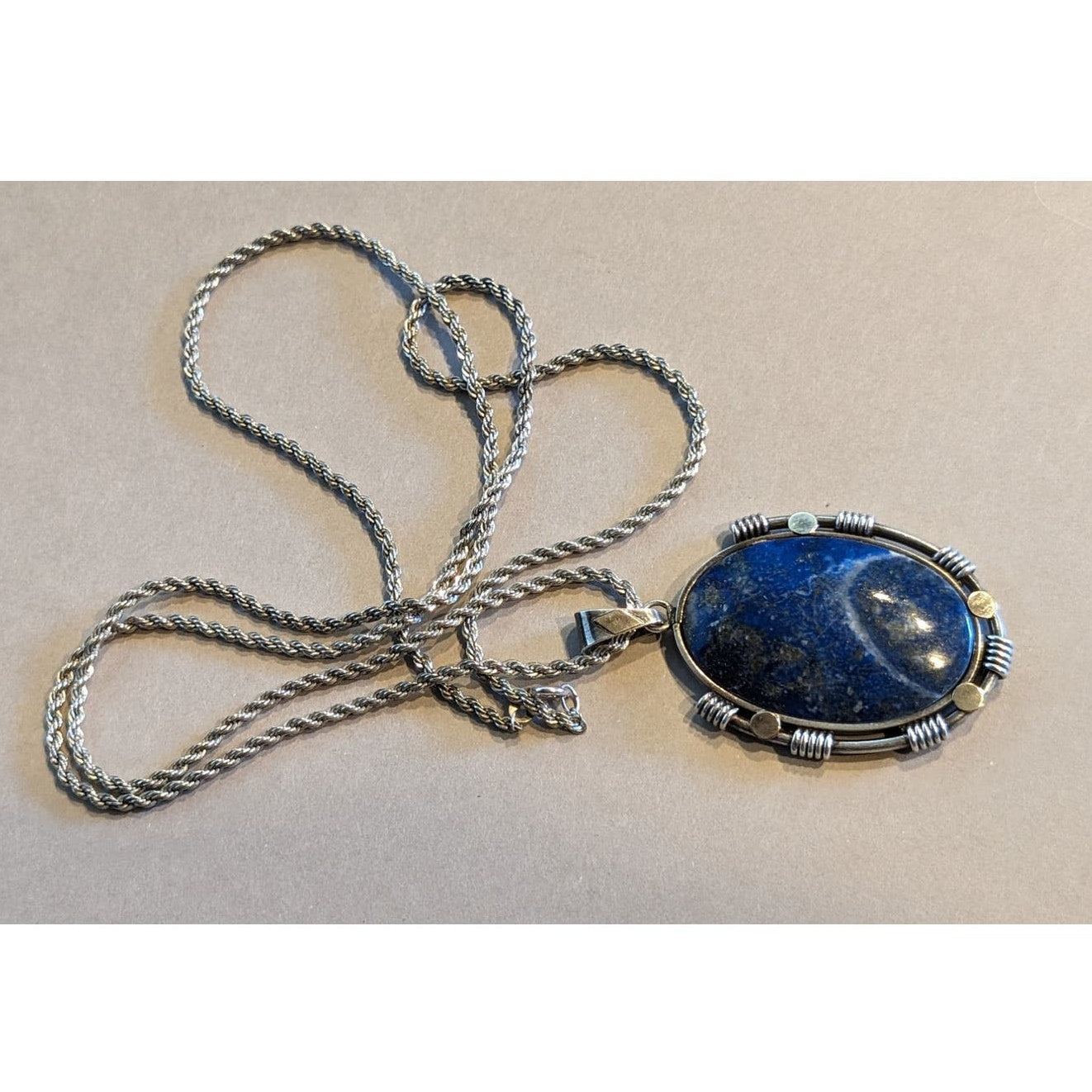 Blue Stone Bezel Set in Sterling Silver on Vintage Heavy Sterling Rope Chain