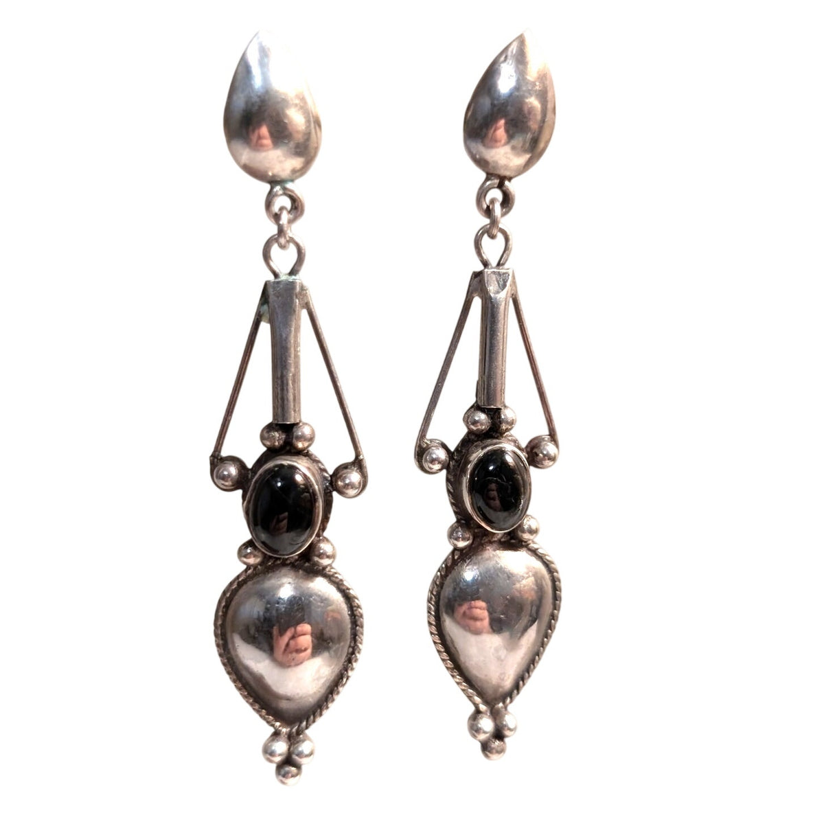 Vintage 925 Sterling Silver Bezel Set Onyx Long Dangle Post Pierced Earrings