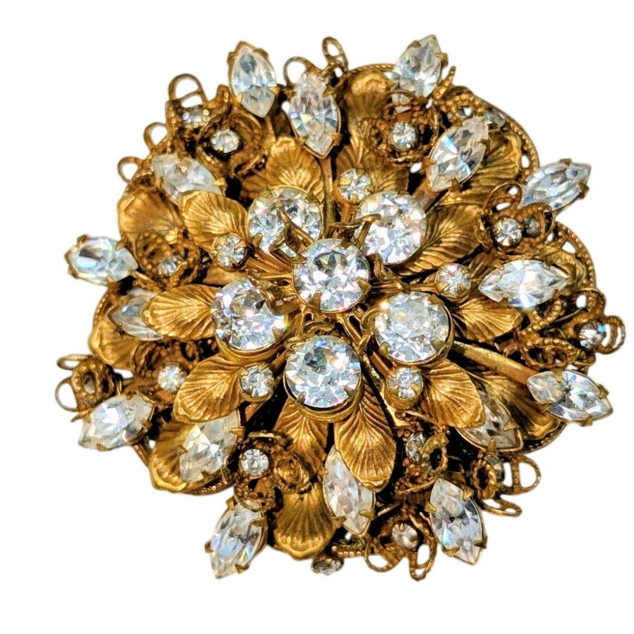 Vintage Signed Amourelle Frank Hess Jeweled Lacy Filigree Brooch
