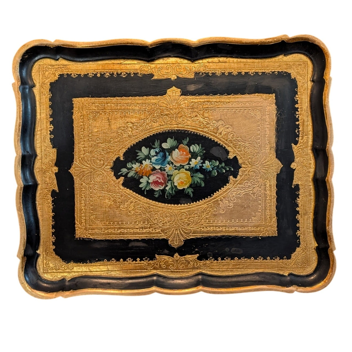 Vintage Italian Florentine Hand Painted Gold and Black Floral 18 X 15 Wood Tray
