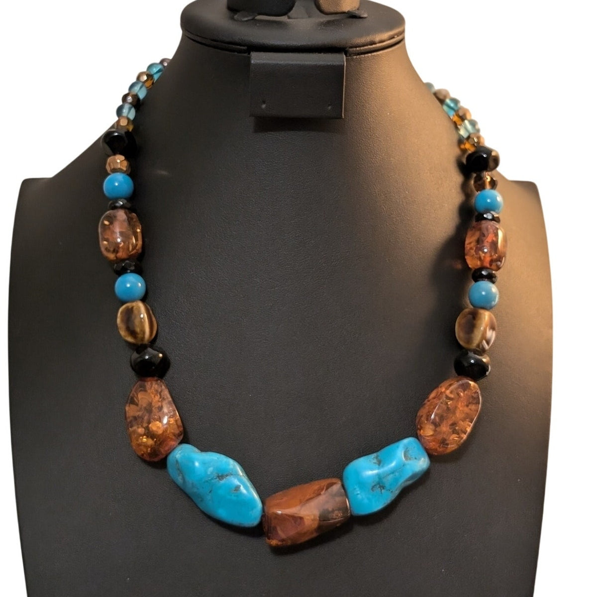 Chunky Faux Turquoise Amber Tiger Eye Black Onyx Beaded Necklace
