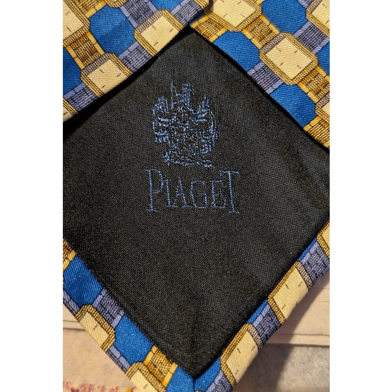 Piaget Silk Vintage 100% Silk Blue Gold Geometric Design Neck Tie