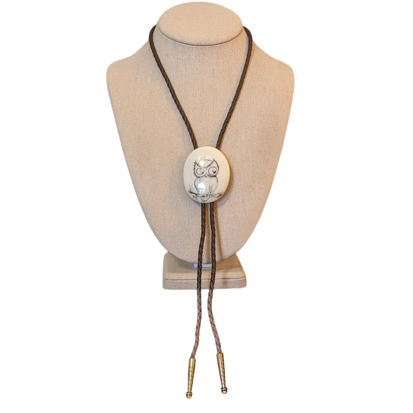 Hand-Painted Ceramic Owl Signed DM Braided Leather Bolo Tie