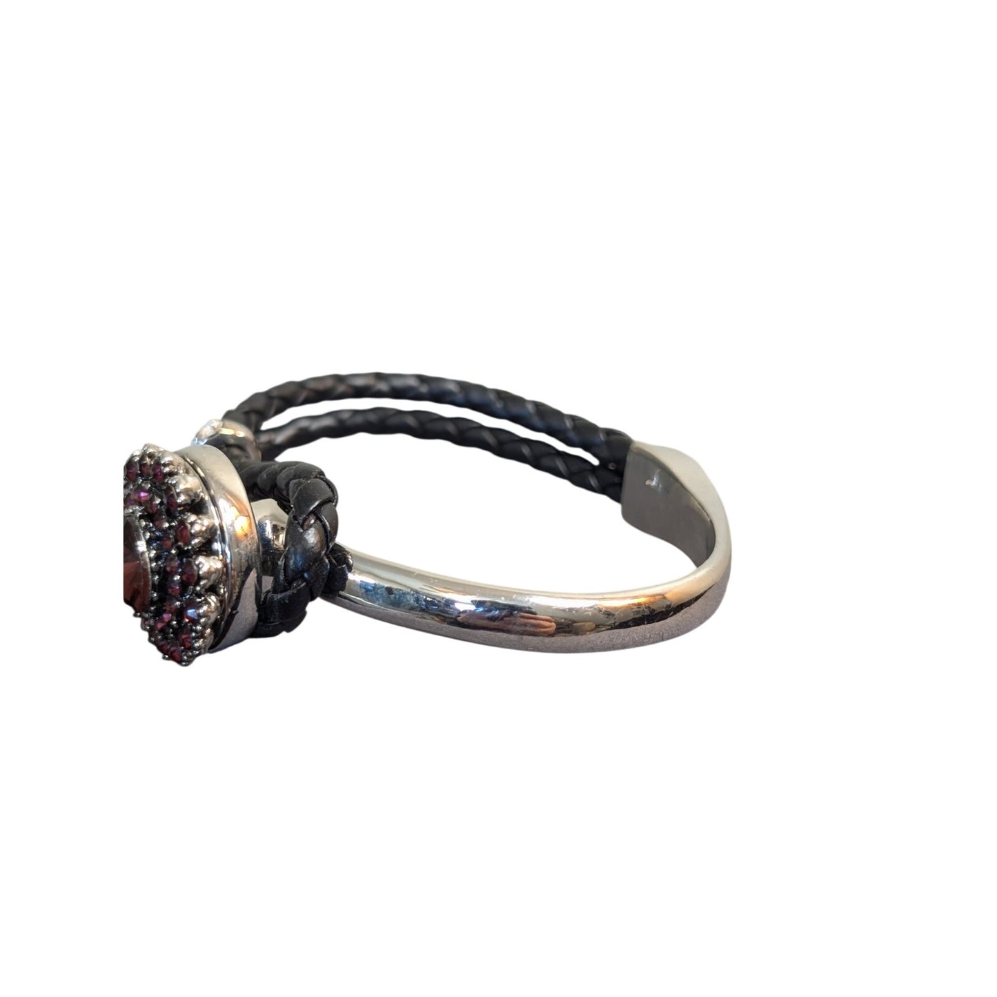 Ginger Snaps Leather Silver Tone Button Clasp Rhinestone Dangle Bangle Bracelet