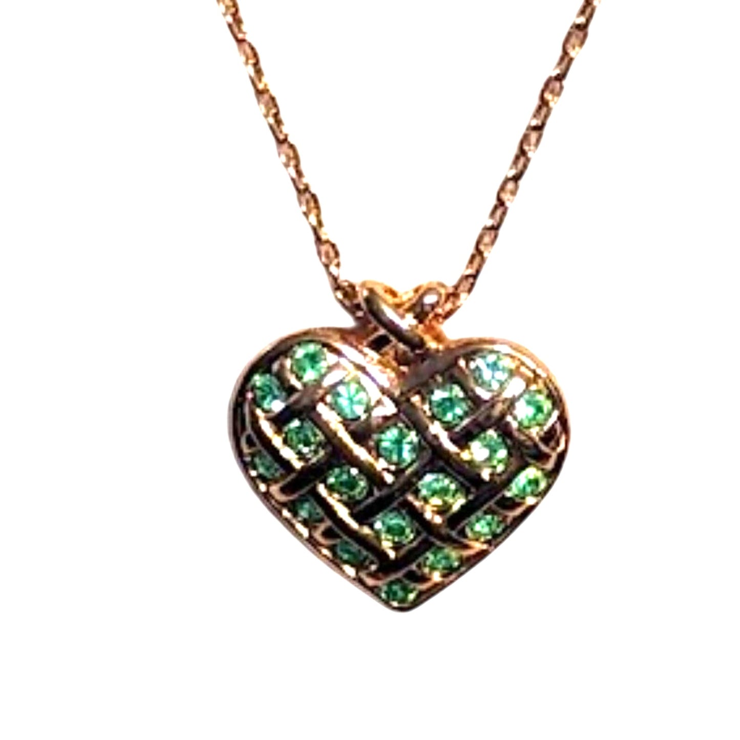 AVON Vintage Green Crystal Latticed Heart Pendant Necklace