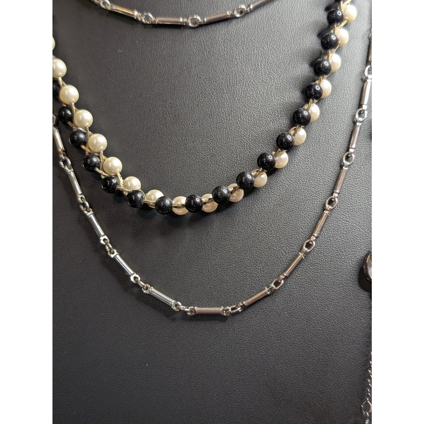 Lot of Three Layered Black White Silver Gunmetal Crystal Pearl Necklaces