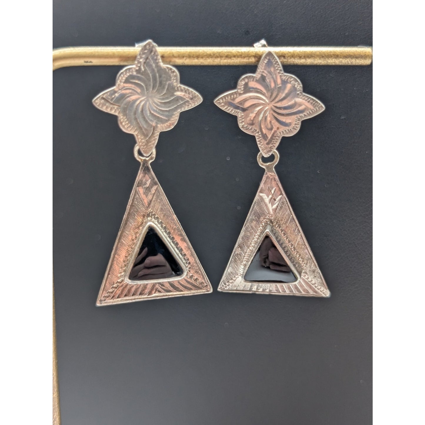 Vintage 925 LEX Sterling Silver Black Onyx Dangle Post Earrings