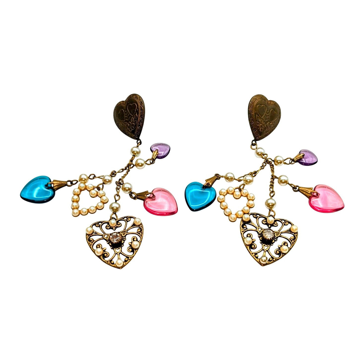 Vintage Heart Charm Faux Pearl Chandelier Dangle Earrings