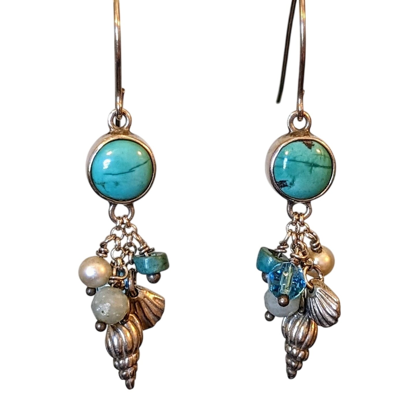 Marked 925 Sterling Wire Turquoise Seashell Beaded Dangle Earrings