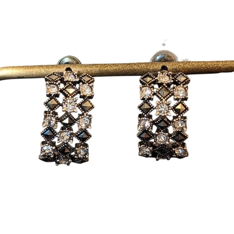 925 Sterling Silver Marcasite & Crystal Openwork Half Hoop Earrings